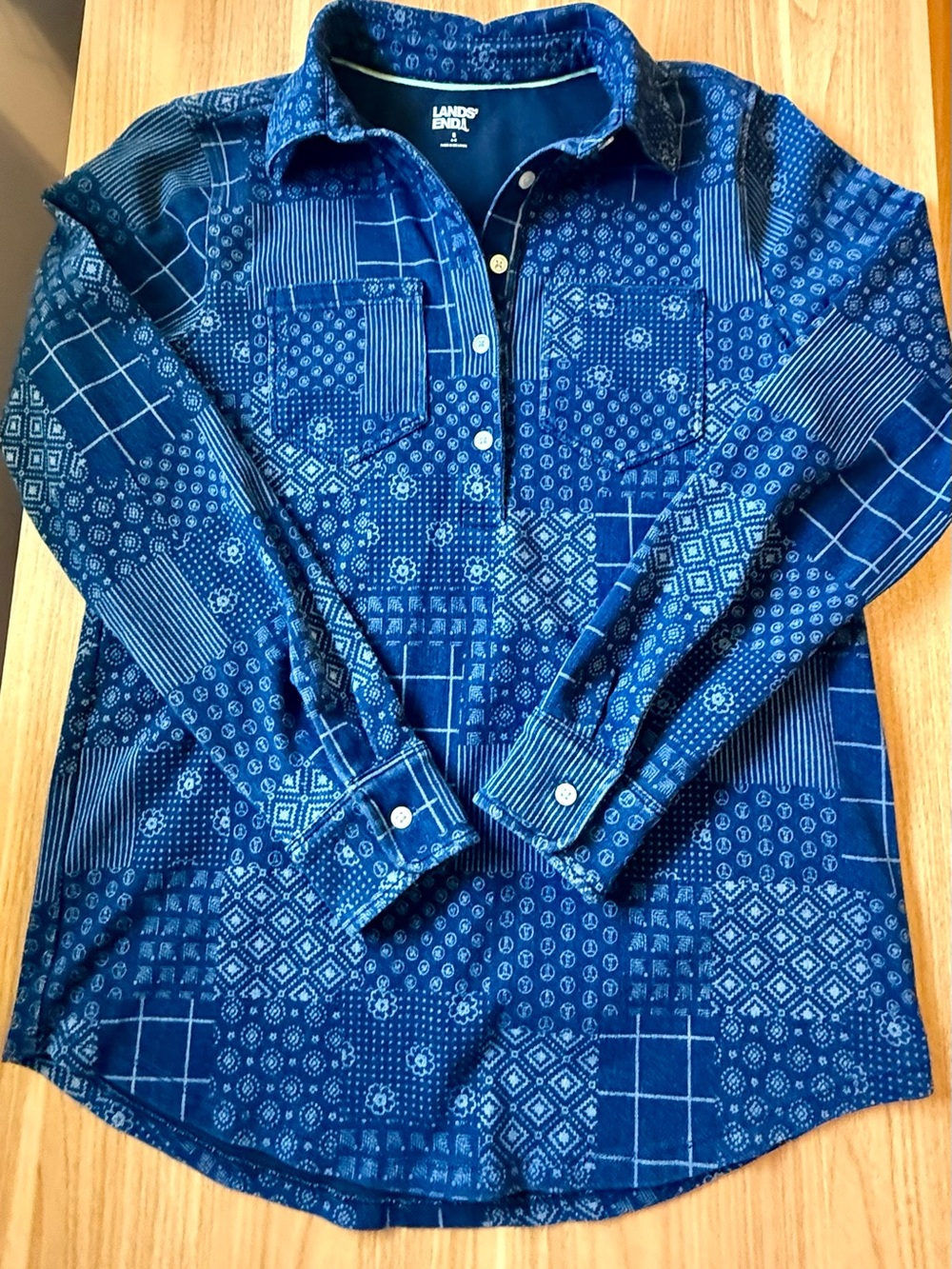 NWOT Lands’ End Women’s Flannel Boyfriend Fit Patchwork Button Front Shirt Small